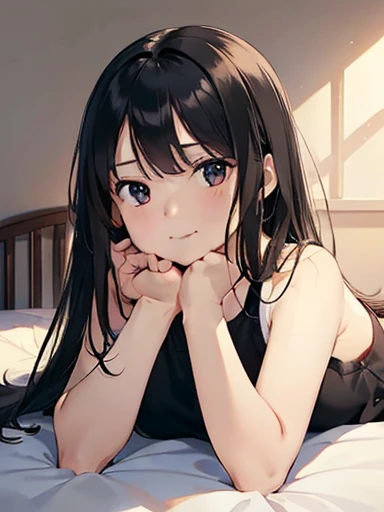 masterpiece, High resolution, High resolution, High resolution, Girl, cute, adorable, smiling, straight hair, long hair, black hair, morning, sunny, looking at the camera, bedroom, sunlight, tank top pajamas, (Resting chin:1.8) (on both hands:1.5), lying on bed, on stomach, on belly, (put stomach on bed:1.3)