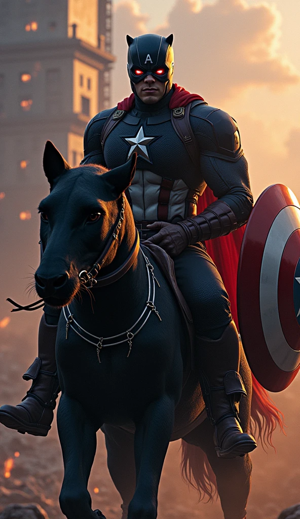 Black panther super hero riding on black panther in muscular body red fire eyes in hand broken captain america shield