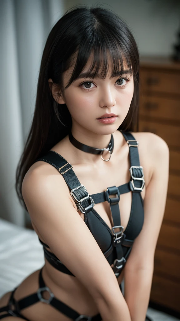 nsfw, Dirty room、binding、Browsing Caution, Kneel with your legs apart、((Ecstasy)), masterpiece, Highest quality, 8k, 1 person, 20 I, dirty:1.3, Ambiguous language, close, Face close-up, alone, cute, like, delicate, Pure beauty, ((Glaring at the camera:1.3)), RAW Photos, Professional photography, Portraiture, Soft Light, Professional Lighting, Backlight, Looking forward to meeting you, Sophisticated, Film Grain, (Eye and facial details:1.0), Long hair floating, ((Hands tied))、bondage, collar,beautiful, Flowing Hair, Hunchback、bangs, whole body、(BDSM:1.5),(Harness:1.5),(constrained:1.5),(woman'Hands tied:1.3),(Hanging by chains:1.5),(Restraint device:1.3),(Tied up with rope),(Tied up and unable to move),(masochism:1.5),(eroticism),(Both armpits are visible:1.5),(Place your hands behind your head:1.5),(good、panties:1.3)