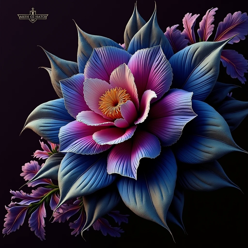 a flower in bloom. ((changing, knowledge, defiance, plotting, foreseeing)),((violet,blue,purple)).((deep wiew)),photographic,ultra high resolution,hyperdetailed, masterpiece, 3d modelling, digital art.
