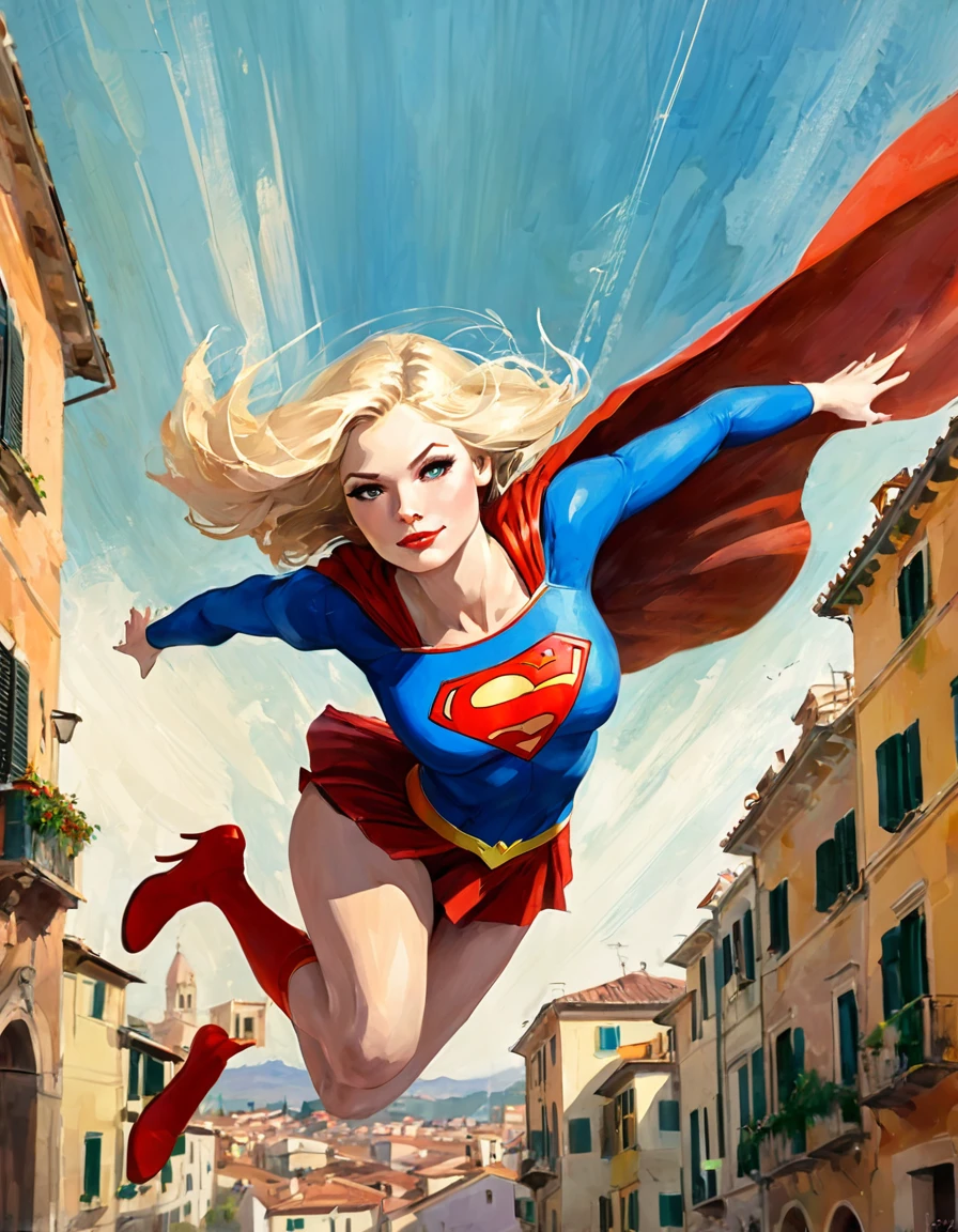 supergirl character, flying over a nice Italian city (art inspired in Bill Sienkiewicz). oil painting)