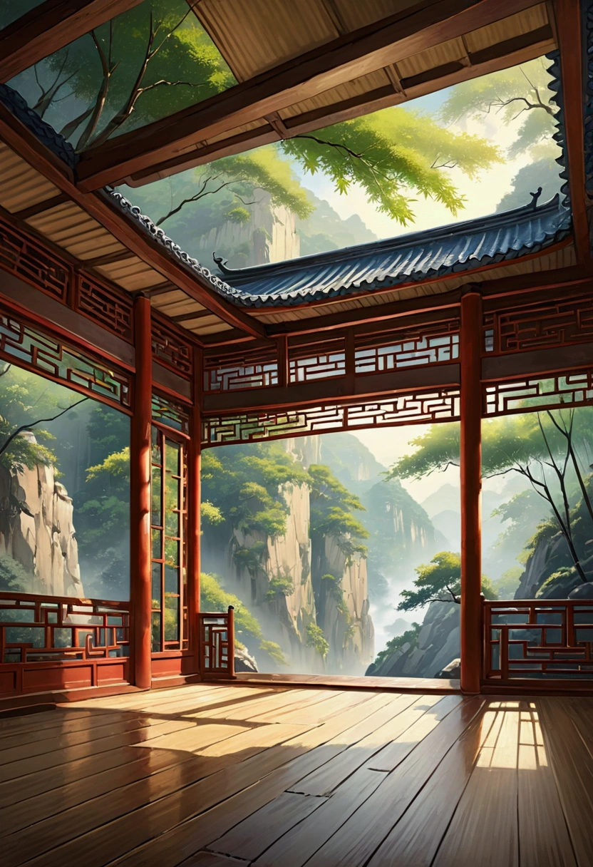 The scenery, Chinese style, Cliff, bamboo, dreamy atmosphere, floor, open ceiling