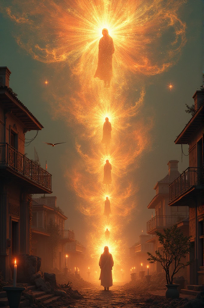 A visual representation of the eternal legacy of Karbala, showing the 72 warriors' spirits radiating across time, as modern households in different cultures remember them. In contrast, depict the crumbling remnants of Yazidi forces, symbolizing their downfall and disappearance.