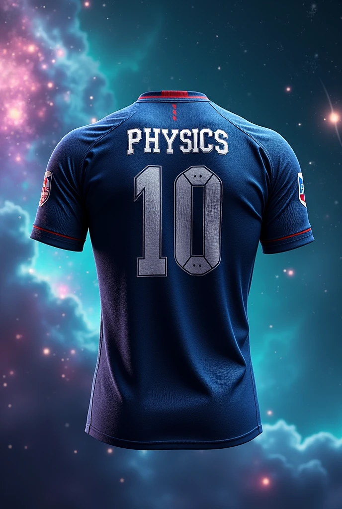 a football team jersey. the name of the team is 'Cosmic Knights'.
and there should be printed 'physics' on back side of the jersey on the jersey number.