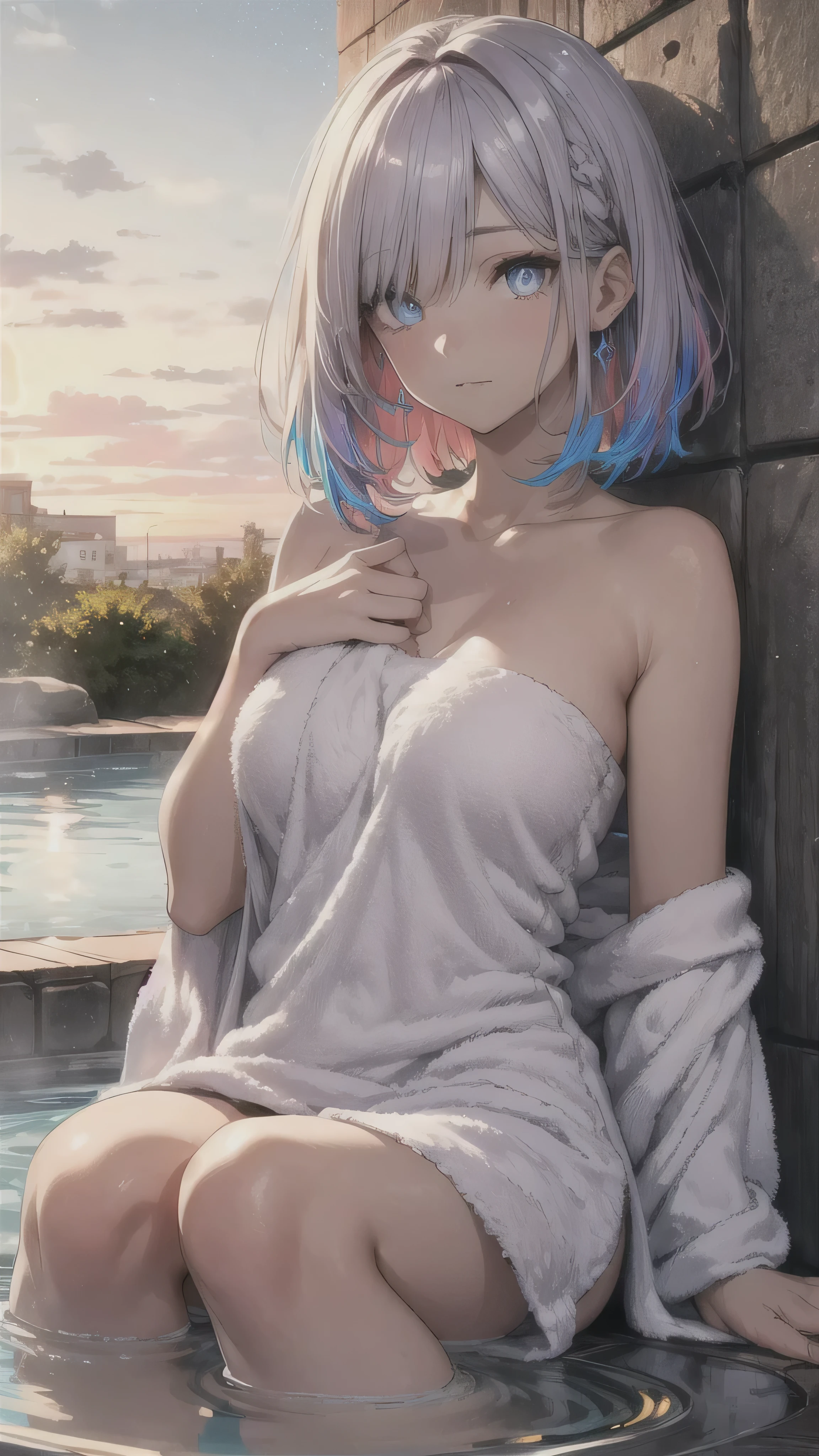 Realistic, Hyper Detail, Girls only, Short Layered Bob on One Side, Dynamic Lighting, ((Bold and imaginative poses)), (Glowing Skin: 1.5), masterpiece, Highest quality, Absurd, Audience, ((blonde:0,7) and (Light purple:0.3) hair), Deep purple clear eyes,((beautiful, Detailed eyes, Jewel-like eyes, Colorful eyes, Sparkling eyes:1.3)), thin, High resolution, Sharp focus, Depth of written boundary, Detail Eyes, Sharp eyes, (Realistic Eyes)), Outdoor, Sunrise Sky,Open-air bath at a long-established hot spring inn,(Bath towels are worn): 1.4)