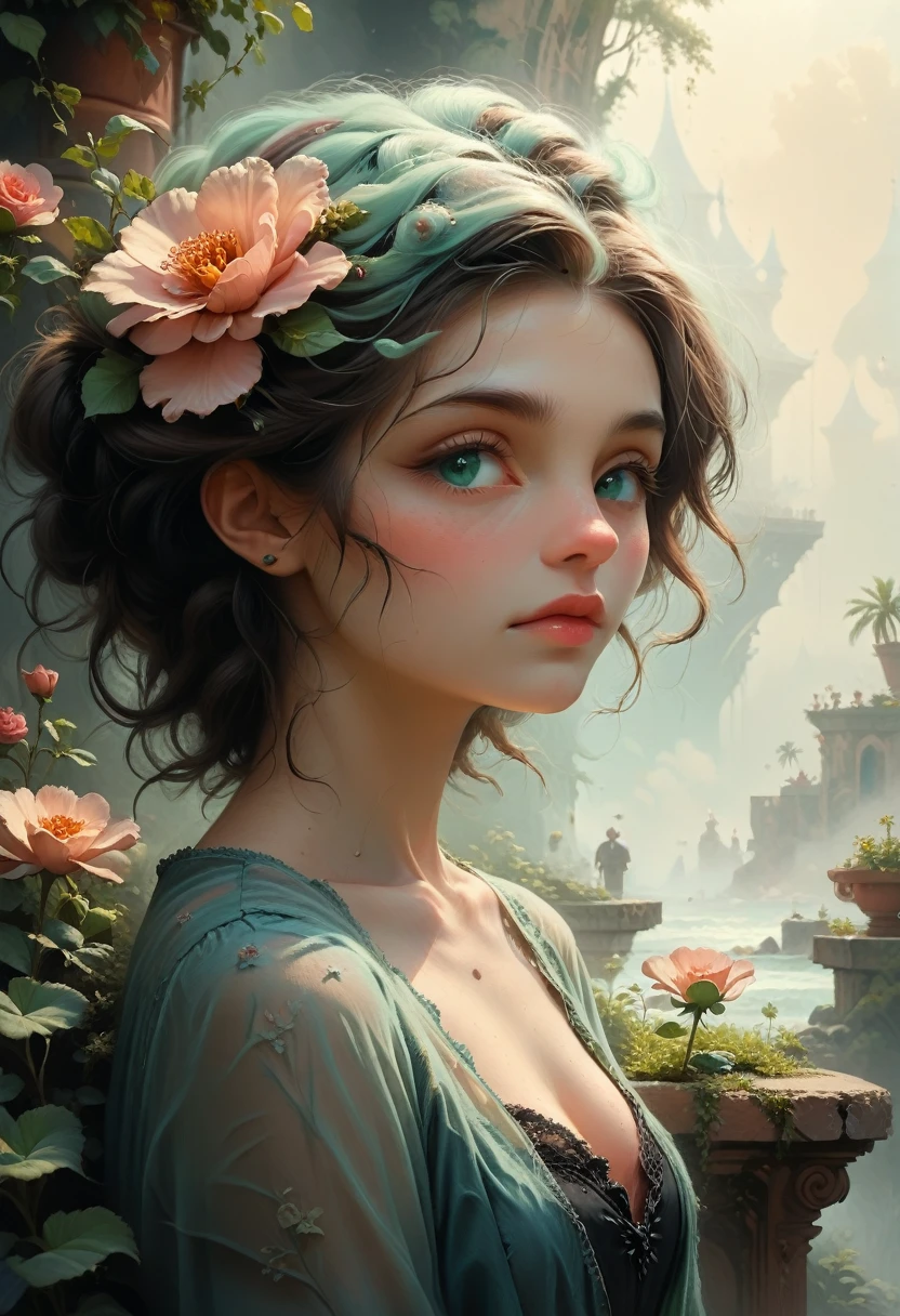 A bizarre fantasy, Elegant rose, Floral botany, Minimalism with a wave of colors, garden flowing flowers, floating in a misty pastel pink color., aqua green, Pastel apricot, smoke fractal, capricious and very realistic flowers, Octane rendering, Josephine wall painting, Isabelle Menen, Soul, Amy Brown  