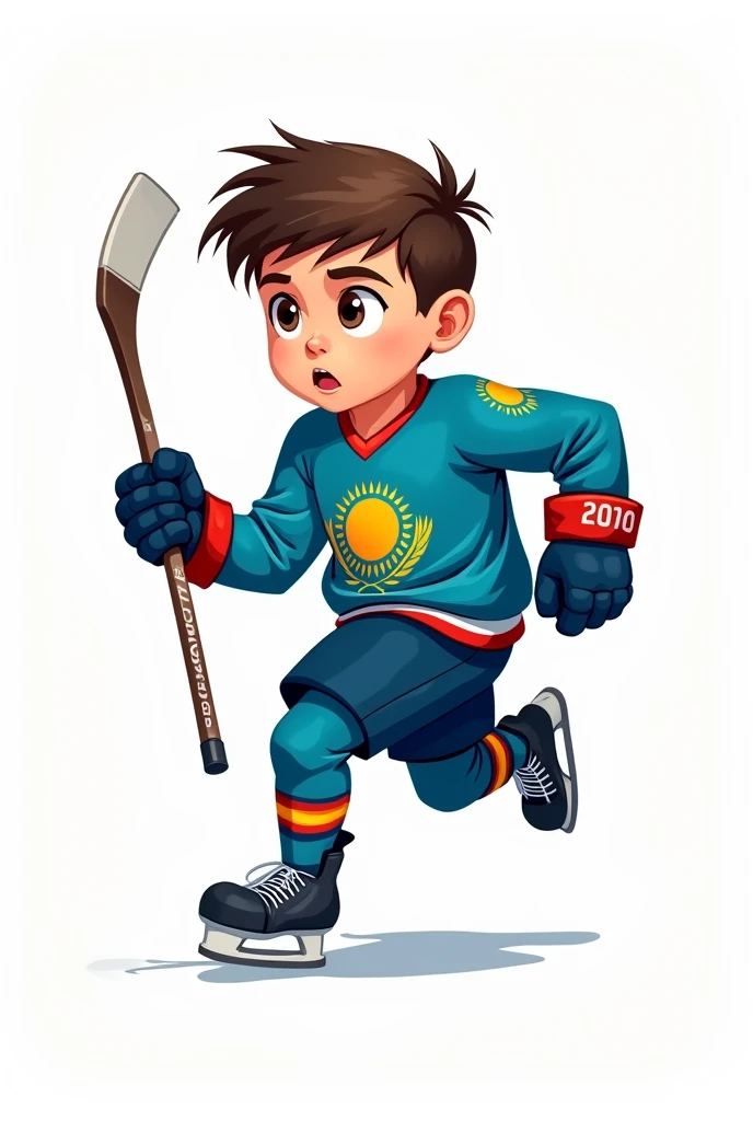 ((officially)) ((masterpiece)) ((Best quality)) ((detailed)) cartoon boy hockey player running with stick in uniform with emblem flag of Kazakhstan on white background