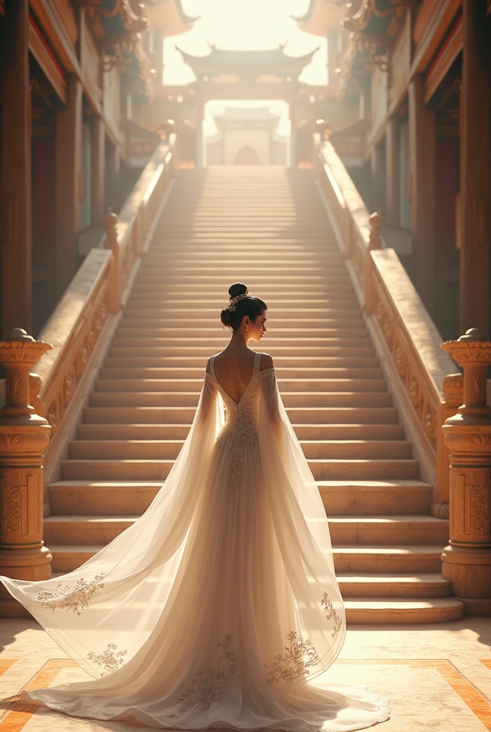 A princess in full Tang Dynasty regalia, dressed in white, stands in front of the stairs leading up to the divine palace, looking up at the long stairs as far as the eye can see.