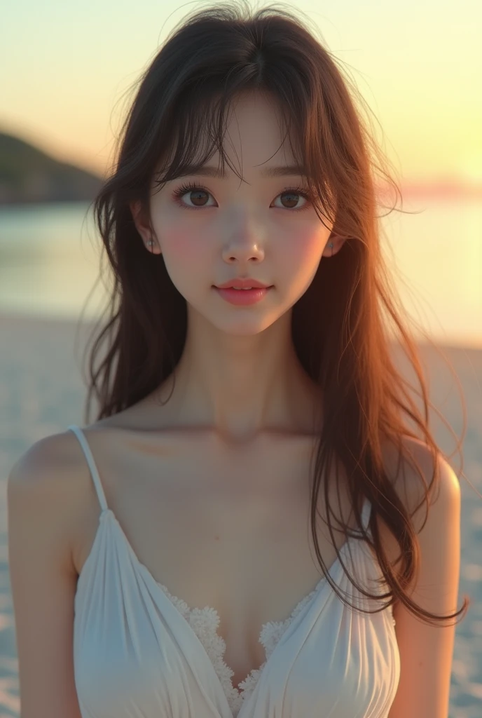 Beautiful face like a Japanese actress　evening　beach　White dress　Straight Hair　Beautiful face Haruna Kawaguchi　Cute face