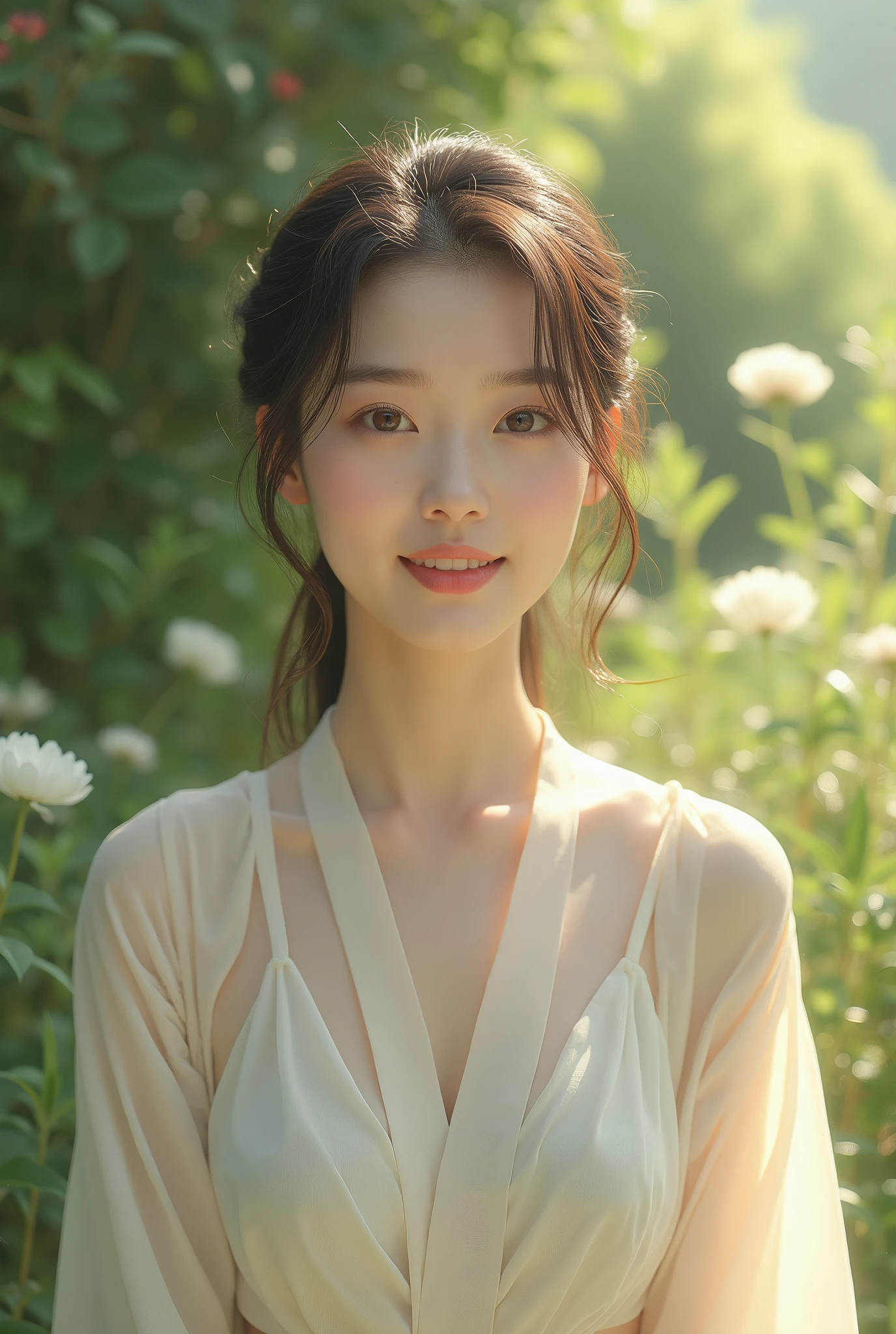 A beautiful and pure Korean woman、Wear clean clothes、A high-quality image of a person smiling with a calm expression。The background is a garden with soft natural light.、An elegant and clean atmosphere