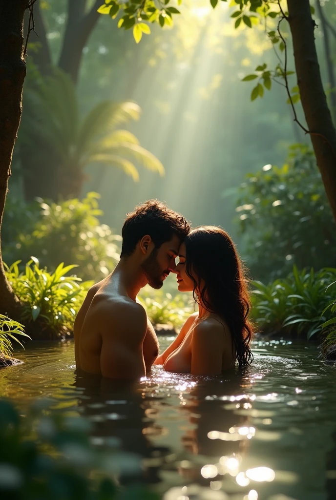 A sexy couple's bathing in forest 