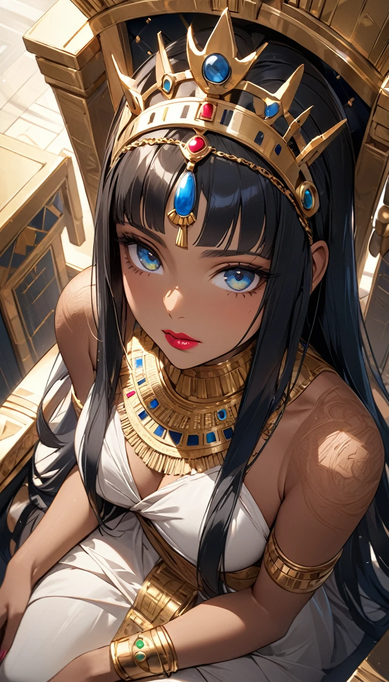 ((best quality)), ((masterpiece)), (Detailed face and eyes), Perfect face, precise, Textured Skin, High Detail, high resolution, Cleopatra, Queen, Wearing a silk dress, Gemstone crown, Lipstick, Cowboy shooting, Tanned skin, Bronze skin, throne, from above