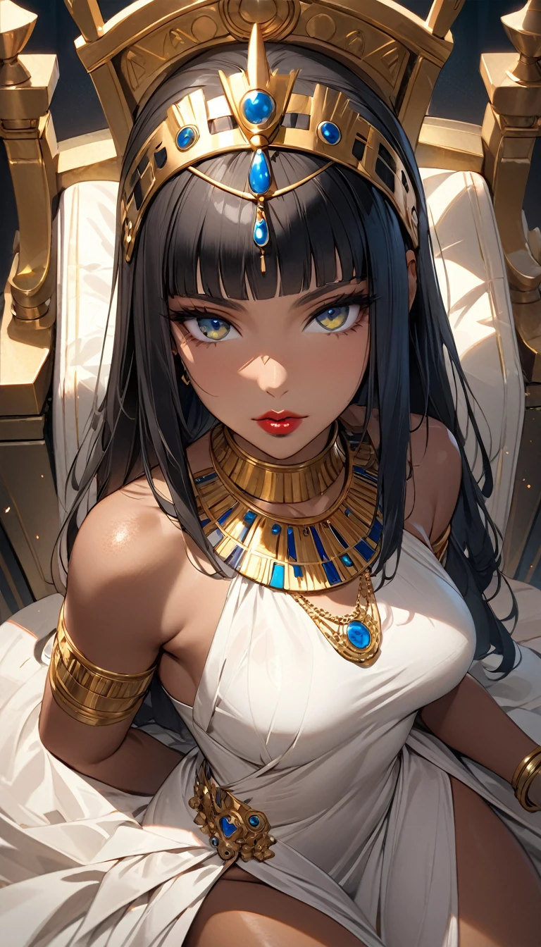 ((best quality)), ((masterpiece)), (Detailed face and eyes), Perfect face, precise, Textured Skin, High Detail, high resolution, Cleopatra, Queen, Wearing a silk dress, Gemstone crown, Lipstick, Cowboy shooting, Tanned skin, Bronze skin, throne, from above