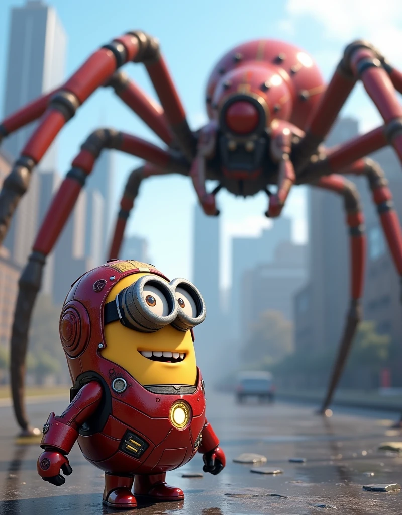 Minion Kevin wearing iron man suit and ionman helmet Fighting giant spider outside the city
