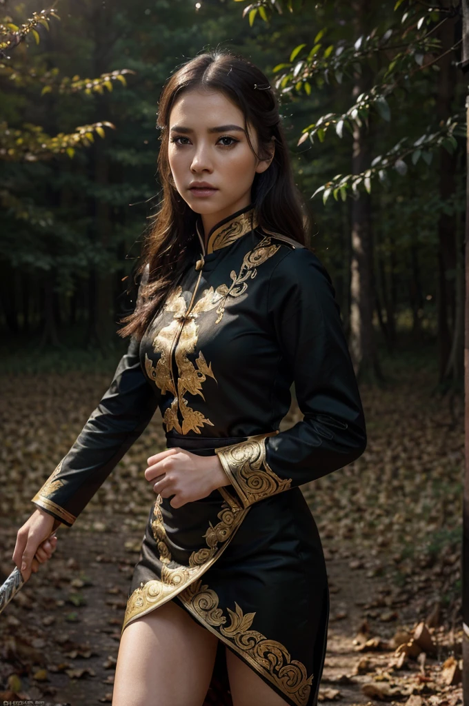 a beautiful woman wearing qinjia uniform, black and gold color scheme, determined expression, serious look, wielding a chinese dao sword, long blade cutting through fallen leaves in front of her, in a forest with leaves blowing in the wind, dynamic full body shot, wide angle, (best quality,4k,8k,highres,masterpiece:1.2),ultra-detailed,(realistic,photorealistic,photo-realistic:1.37),detailed facial features,porcelain skin,long eyelashes,exquisite costume design,dramatic lighting,vivid colors,cinematic composition