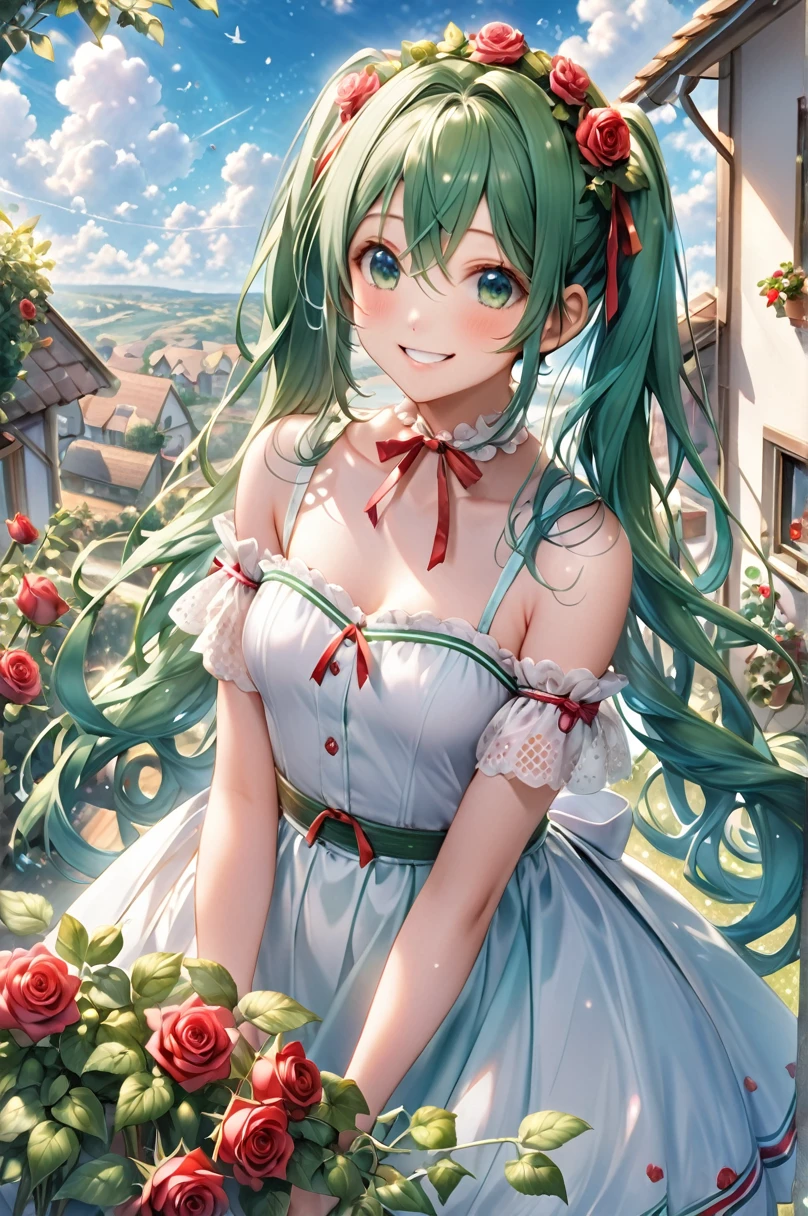 One beautiful girl、Hatsune Miku、、Small , B cup、How tall are you１７２㎝、Weight is４５㎏、Slim figure、Virtual Virtual Singer、Appeal your whole body、Taking Action、/She is work in the garden /Green Eyes、long green hair、Cultivating roses、Shining with a smile in the countryside、Rose flower with watering can々Water the、laugh、Take care of the flowers、Very cute smile、The flowers grow vibrantly、Miku is lettuce、basil、tomato、A girl who likes growing vegetables such as perilla leaves、Blue sky, white clouds and houses in the distance、Look at me with a gentle gaze and say hello