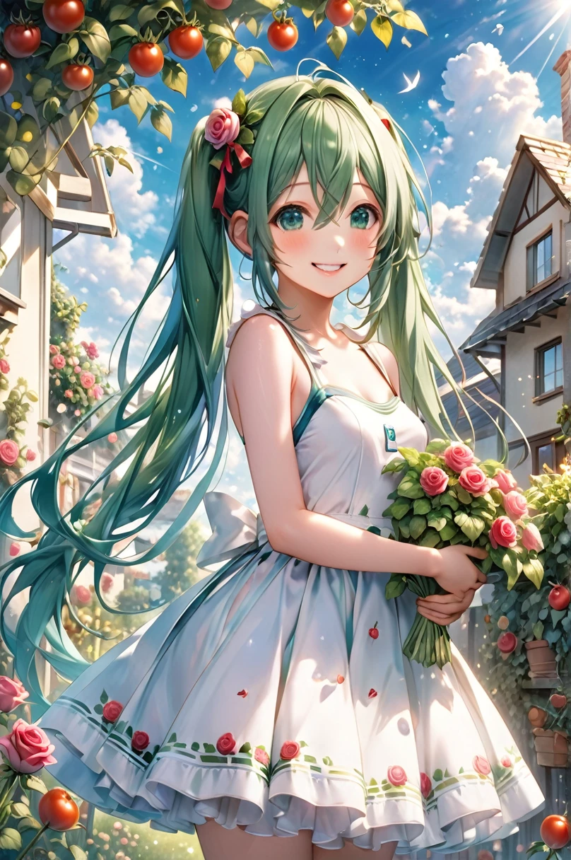 One beautiful girl、Hatsune Miku、、Small breasts, B cup、How tall are you１７２㎝、Weight is４５㎏、Slim figure、Virtual Virtual Singer、Appeal your whole body、Taking Action、/She is work in the garden /Green Eyes、long green hair、Cultivating roses、Shining with a smile in the countryside、Rose flower with watering can々Water the、laugh、Take care of the flowers、Very cute smile、The flowers grow vibrantly、Miku is lettuce、basil、tomato、A girl who likes growing vegetables such as perilla leaves、Blue sky, white clouds and houses in the distance、Look at me with a gentle gaze and say hello