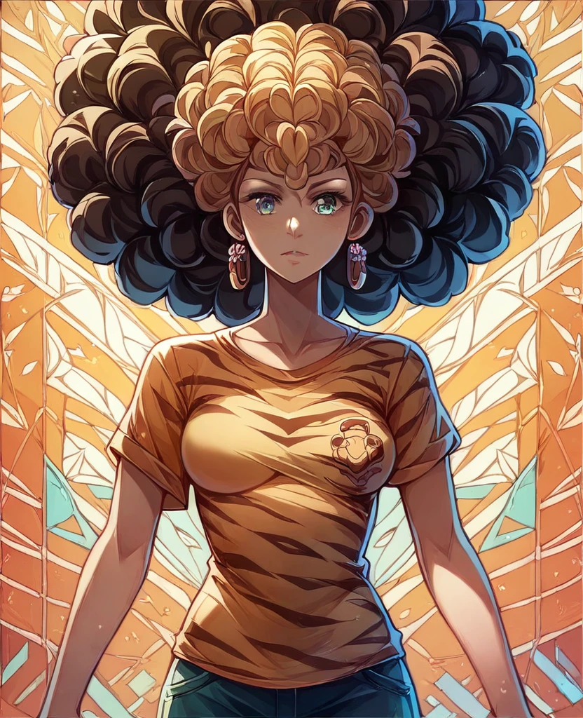 ((masterpiece)), ((Highest quality)), ((High resolution)), ((Highly detailed CG Unity 8k wallpaper)), One Woman,Blonde,Afro Hair,50 years old,Tiger printed T-shirt,interesting,noisy,background,