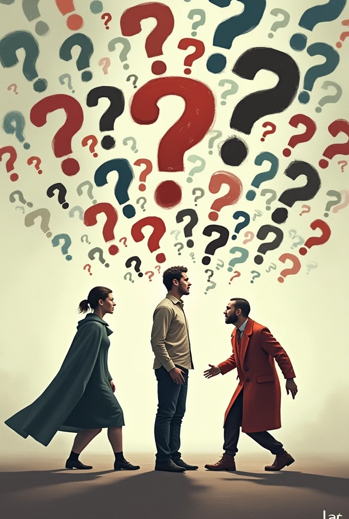 One person has many question bubbles、A scene where the opponent is retreating。The opponent is in a defensive pose。