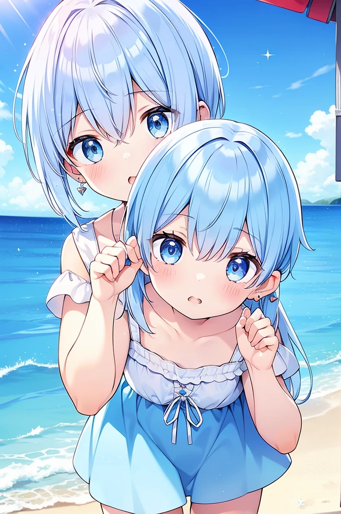 One girl, blue eyes, Heart-shaped earrings, Open your mouth a little, Shortcuts, Blue Hair/Light blue hair, Sparkle Effect, Sandy beach background