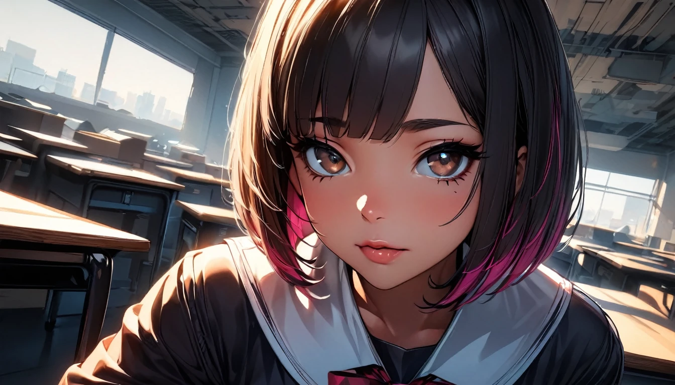 ((highest quality:1.2, Very detailed, up to date, Vibrant, Ultra-high resolution, High Contrast, masterpiece:1.2, highest quality, Best aesthetics), (super wide angle), Portraiture、girl、solo, (25-years-old:1), slim, brown eye, Bright colors、Beautiful fine details、Beautiful lip detail、extra short hair, ((bob cut:1.5))、black hair, (highlights hair: 1.6), (medium breast:0.7), (tan skin:0.5), glasses, school uniform, studyind, sitting at the study desk, bright room, looking up viewer:1, from diagonally above view, (look like asking for help:1),furrowed brow,