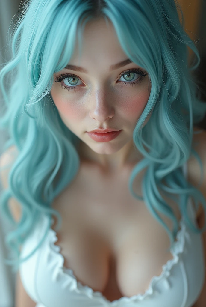 1 girl big tits with long light blue hair, white skirt, close-up of face