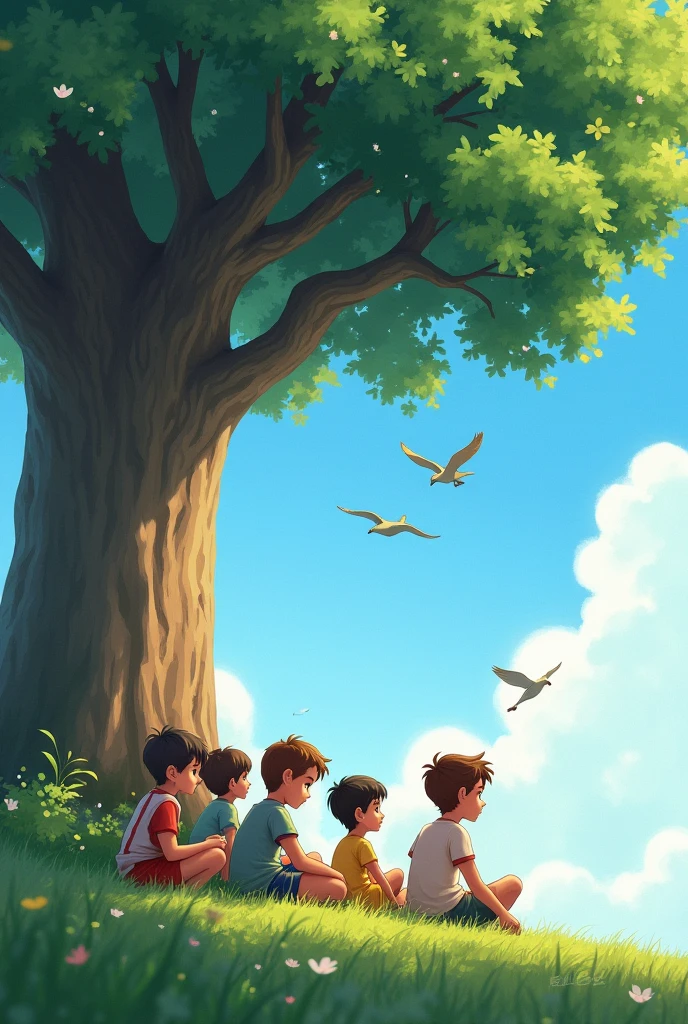 5 boys under a tree. Birds are flying in the sky.