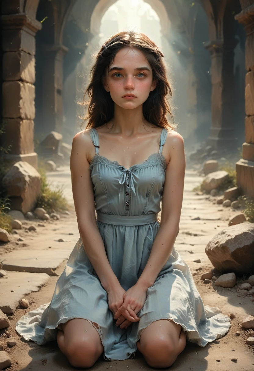 stars, Standard, freckled face, automatic white balance, interesting light and shadows, hyper-detailed, meditation, clamps, High quality photo, witches, (photorealistic:1.4), Blue eyes, ((masterpiece)), sundress dress, antagonist, Road, rocks, ultra detailed eyes, overhaul,