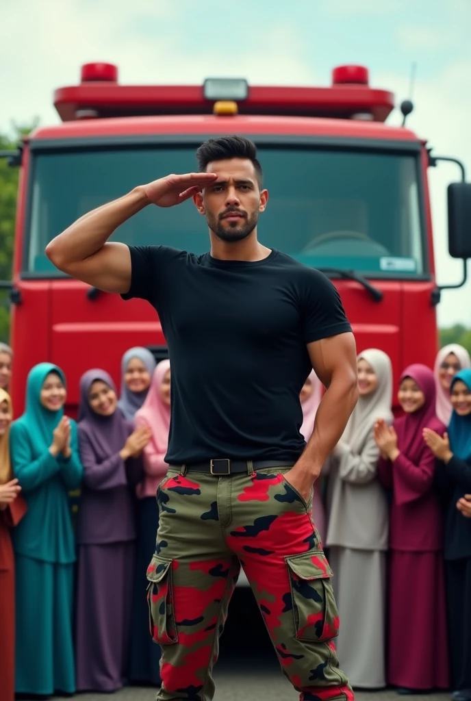 Malaysia guy age 2s. big muscle Handsome Man wear Blackshirt salute position. Cargo pant camouflage red army green black. firefighter jumpsuit wear tight in . Very muscle body. many girl hijab colorfull women cheerfull face clapping hand surrounded man . Firetruck background.