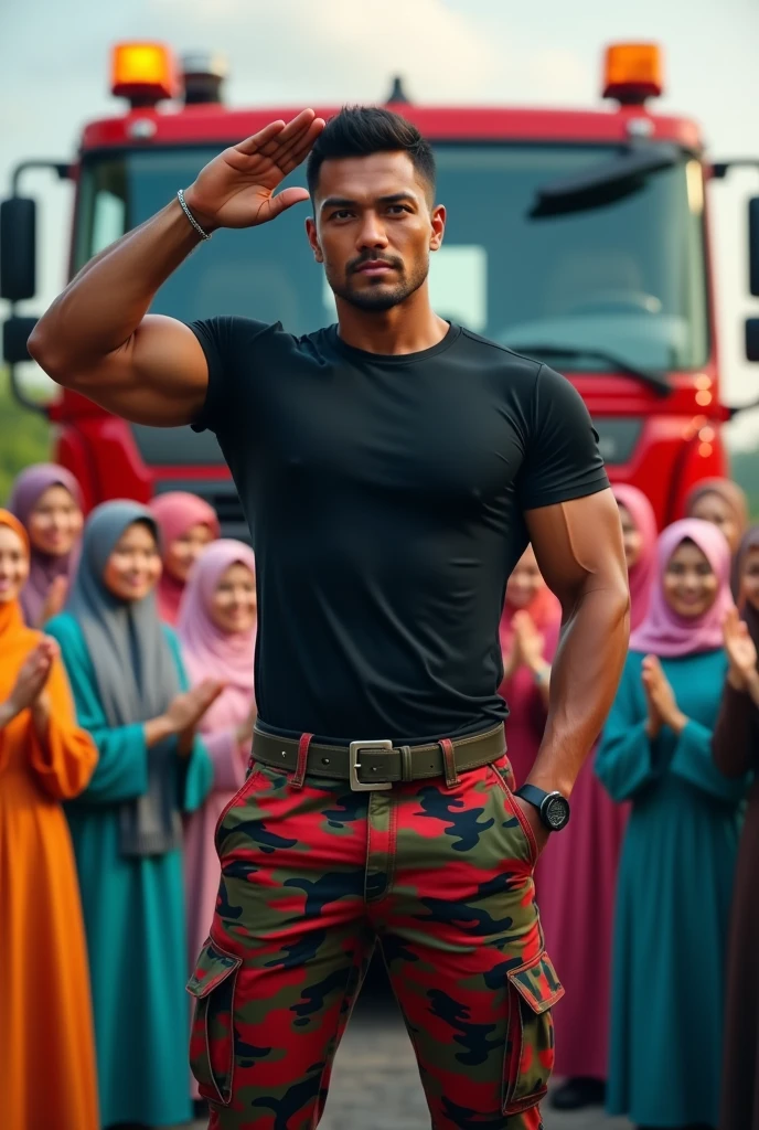 Malaysia guy age 2s. big muscle Handsome Man wear Blackshirt salute position. Cargo pant camouflage red army green black. firefighter jumpsuit wear tight in . Very muscle body. many girl hijab colorfull women cheerfull face clapping hand surrounded man . Firetruck background.