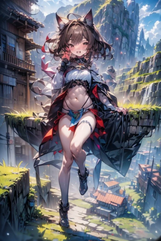 ((Masterpiece)), (Anime:1.3), ((best quality)), (RAW photo:1.2), (High Definition:1.3), (Professional Photography:1.2), (), cute teenage girl, (full body), BREAK, pale brown hair, (collar), messy hair, medium hair, black eyes, laughing, open mouth, blush, put on cat ears, hairs in the air, BREAK, (best quality), (ethnic long loincloth:1.4), small beast, (slender body), Glossy skin, BREAK, (High Definition), (Above 100 meters altitude), crouching on a precipitous cliff, crouching, (Landscape below the deep cliff:1.3),