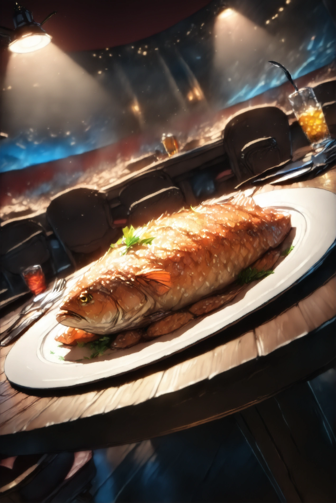 anime, Adventurer's Tavern, fish dishes, dish, fork, knife, table, Cinema Lighting, masterpiece, Highest quality(Depth of field hdr 8k 4k wallpaper movie angle, Cinema Lighting,:1.5) (masterpiece, Highest quality:2.0), (Depth of field hdr 8k 4k wallpaper movie angle, Cinema Lighting,:1.5) (masterpiece, Highest quality:1.75)