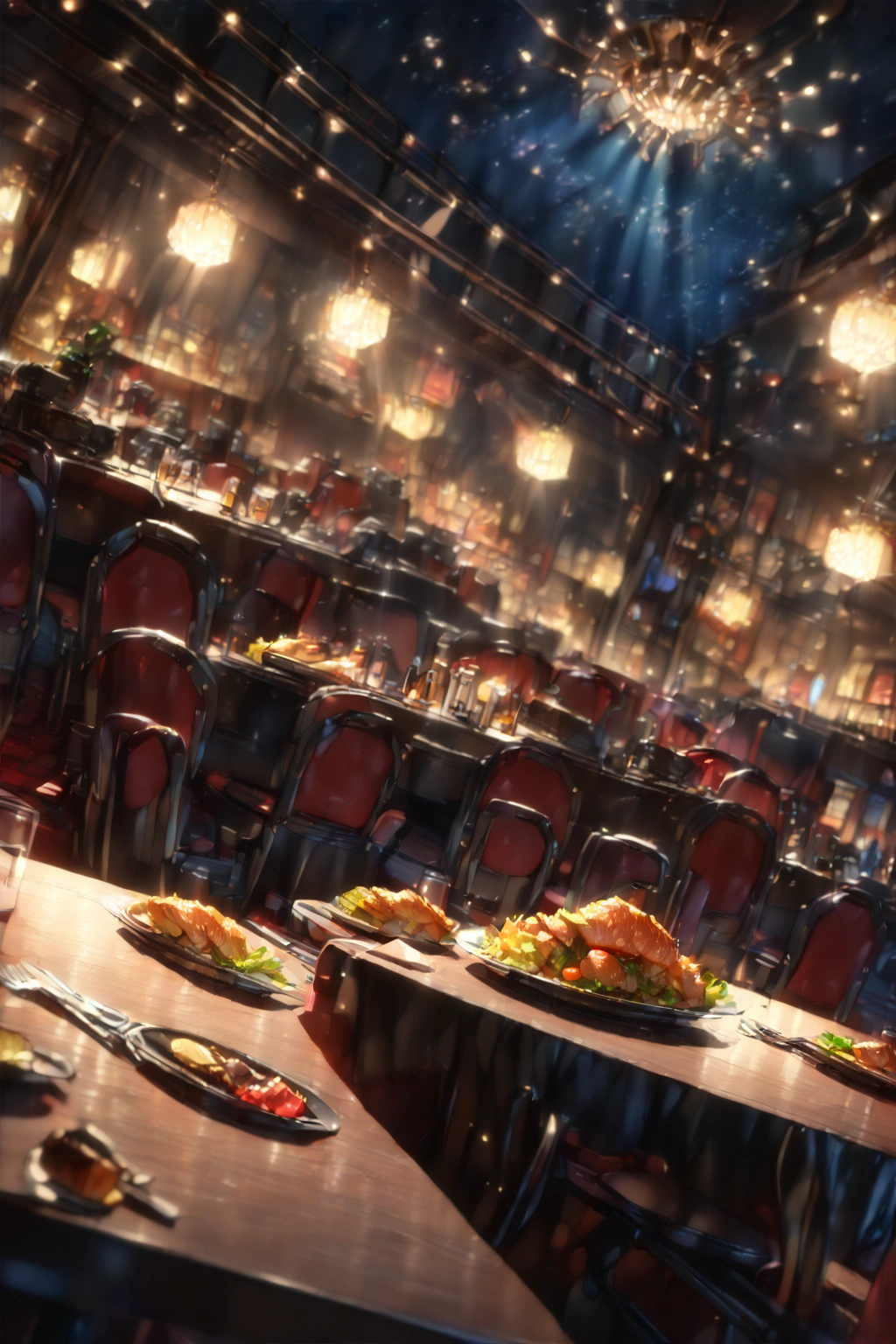 anime, Adventurer's Tavern, fish dishes, dish, fork, knife, table, Cinema Lighting, masterpiece, Highest quality(Depth of field hdr 8k 4k wallpaper movie angle, Cinema Lighting,:1.5) (masterpiece, Highest quality:2.0), (Depth of field hdr 8k 4k wallpaper movie angle, Cinema Lighting,:1.5) (masterpiece, Highest quality:1.75)