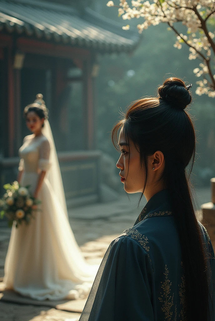 Make a picture of Ming Yi from the Chinese novel Tian Guan Ci Fu watching, with tears in your eyes, Qingxuan wore the mask of the year, getting married