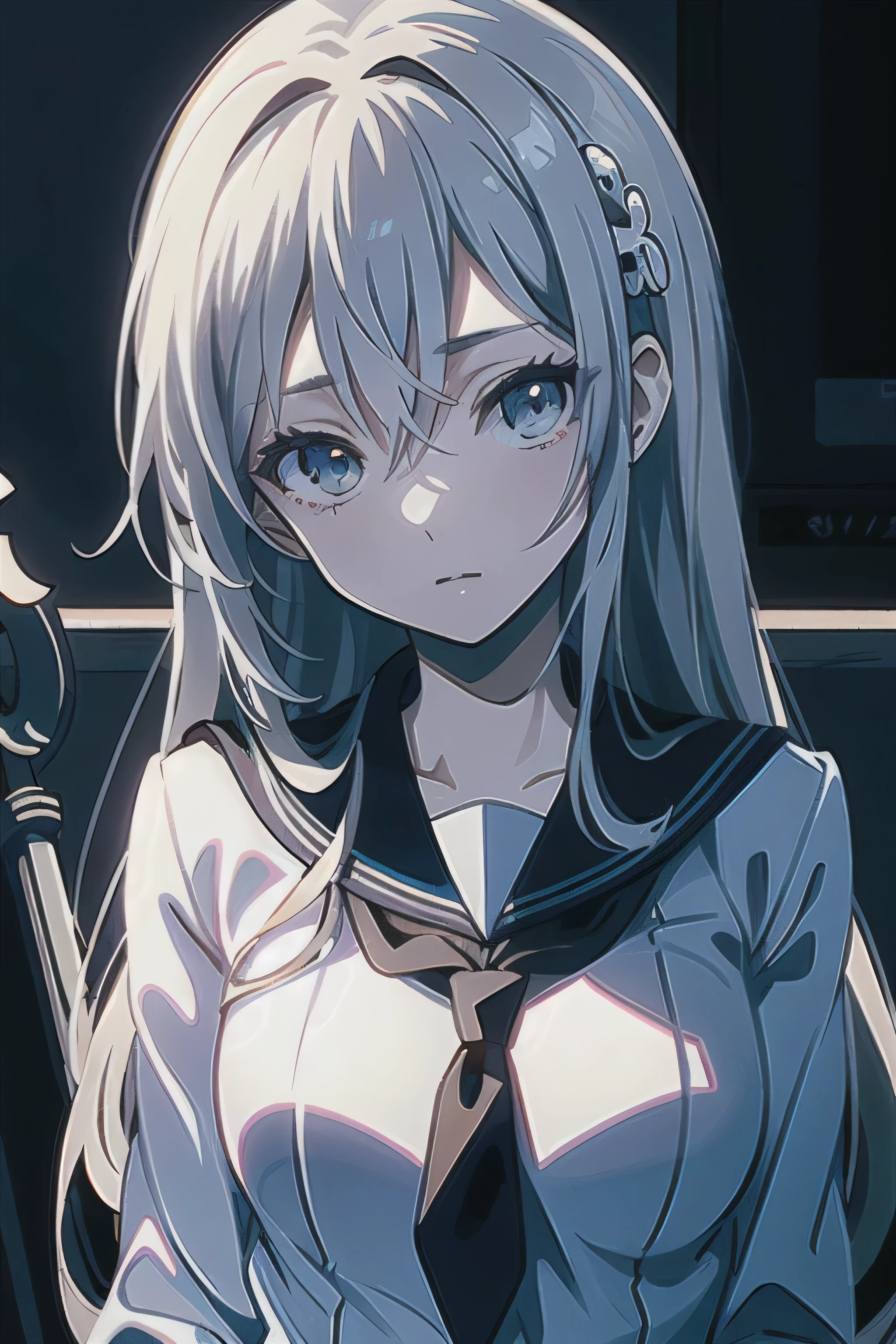 (masterpiece), (best quality), (highest Quality), (Ultra detailed), (highest Resolution), 8K, anime style, beautiful face, ultra detailed face, beautiful and detailed eyes, looking at viewer, a teenager lady, (white and long hair:1.2), office suit, (navy eyes:1.2), swinging a spear, urban, shadow