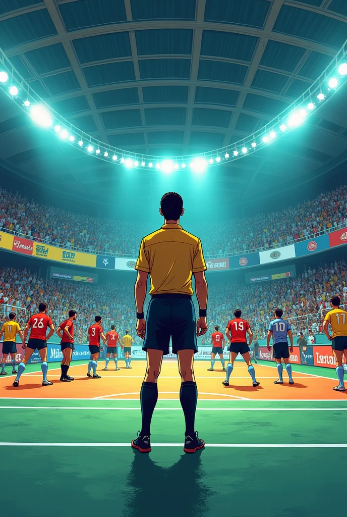 The referee blows the whistle to start the second half. COMIC FORMAT ON A FUTSAL FIELD