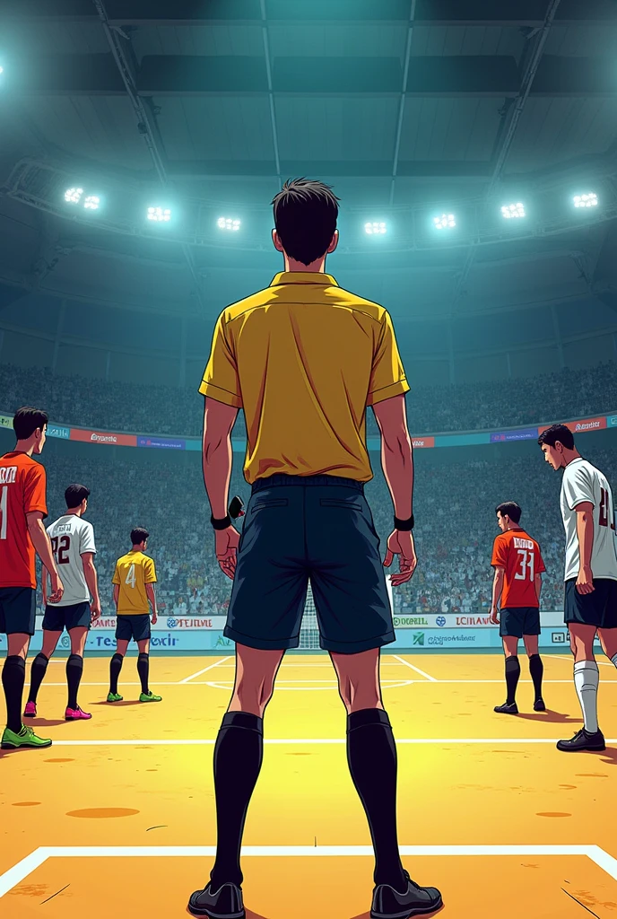 The referee blows the whistle to start the second half. COMIC FORMAT ON A FUTSAL FIELD