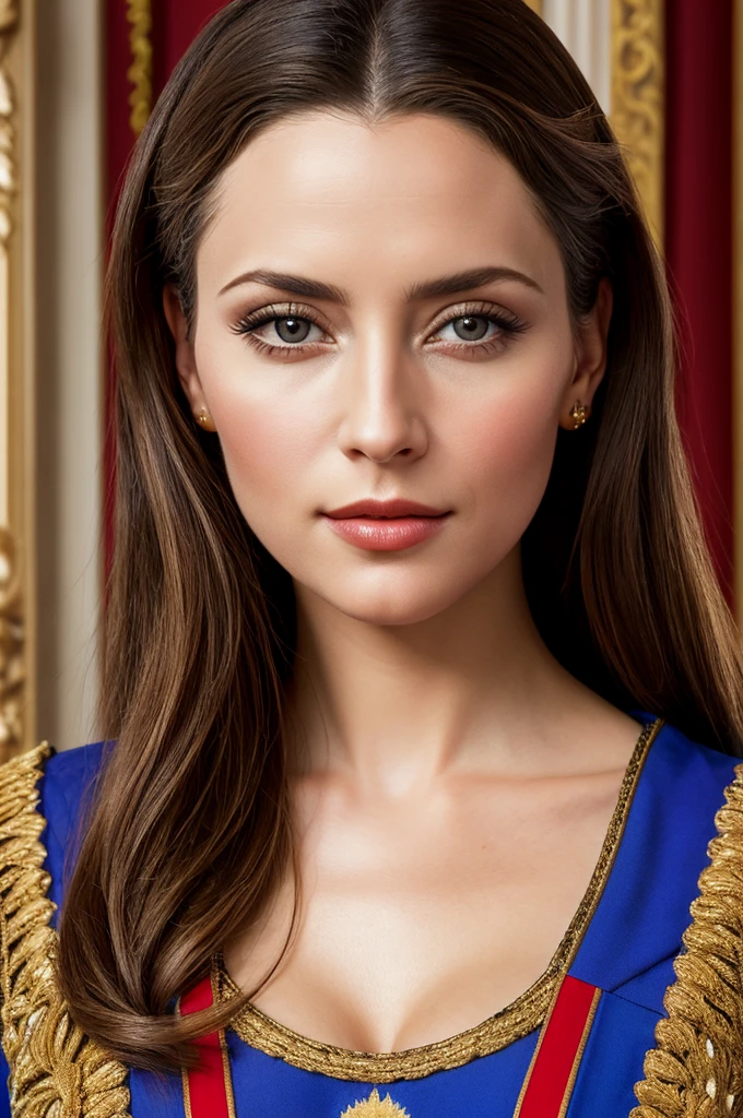 award-winning professional and realistic propaganda photo of incredibly beautiful Empress of Europe, propaganda photo, supreme beauty, EU propaganda, EU iconography, genetic perfection, the most beautiful woman in the world, half-shot photo, inspiring female world leader, detailed textures, sharp focus, ultra-high pixel detail, 16k RAW footage, masterpiece