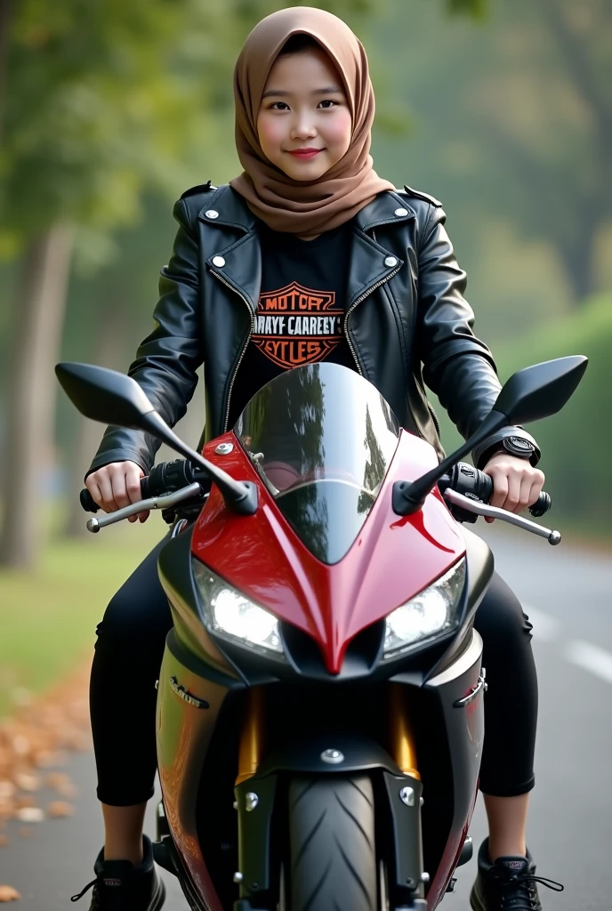 A beautiful Korean girl, smooth white skin, well-groomed face, brown hijab.cropped leather jacket,black harley logo t-shirt, black cropped pants with lots of pockets,sitting in full body pose, on the Kawasaki Ninja ZX-25R motorbike in highlighter color ,hitqm smiled thinly, black cool watch, shoe,Background, bokeh, Realistic original photo. 