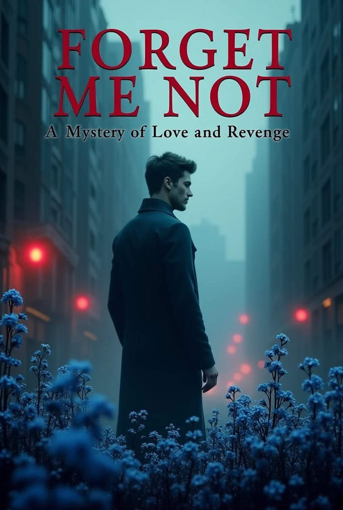 Background: A dimly lit cityscape with hints of fog, evoking a sense of mystery and danger. The city lights should be somewhat blurred, creating an atmosphere of suspense.Color Palette: Dark, moody colors like deep blues, grays, and black, contrasted with a touch of red to symbolize revenge and danger.
Title & Font: "Forget Me Not" in bold, dramatic font, placed at the top or center. A subtitle or tagline, such as “A Mystery of Love and Revenge,” in a smaller, more elegant font. Show some blue forget me not flowers and show a 30 years old boy's shadow in it
 Create image for the novel