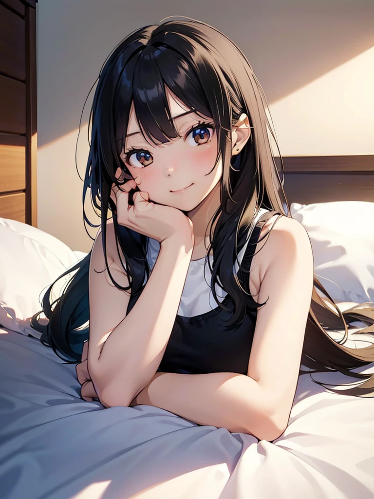 masterpiece, High resolution, High resolution, High resolution, Girl, cute, adorable, smiling, straight hair, long hair, black hair, morning, sunny, looking at the camera, bedroom, sunlight, tank top pajamas, (Resting chin:1.8) (on both hands:1.5), lying on bed, on stomach, on belly, (put stomach on bed:1.3)