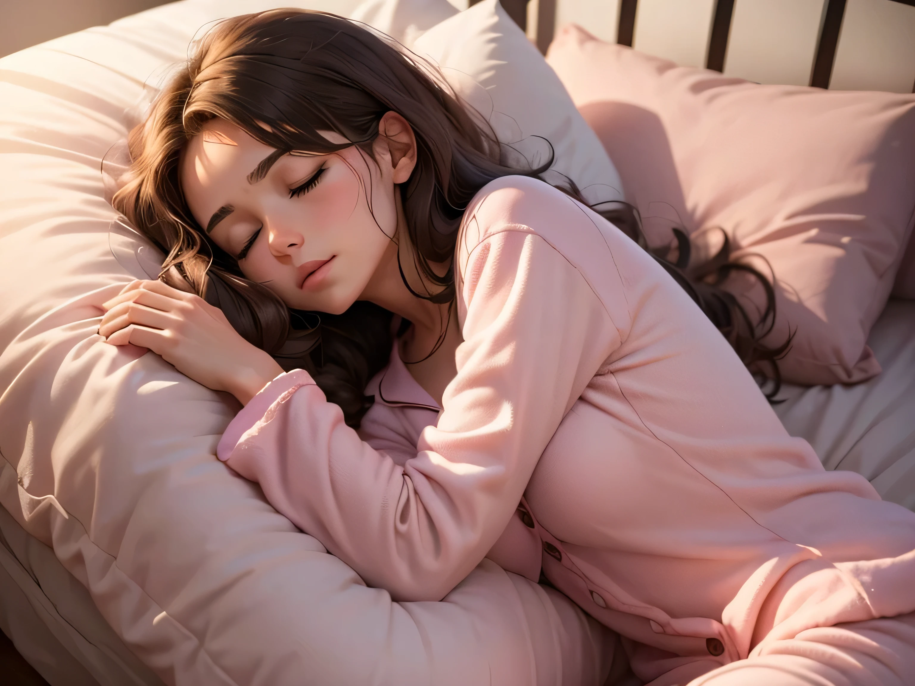 A woman is sleeping on a bed in a bedroom Her hair is brown. Pink pajamas The bed is mainly white The head is on the pillow Correct posture