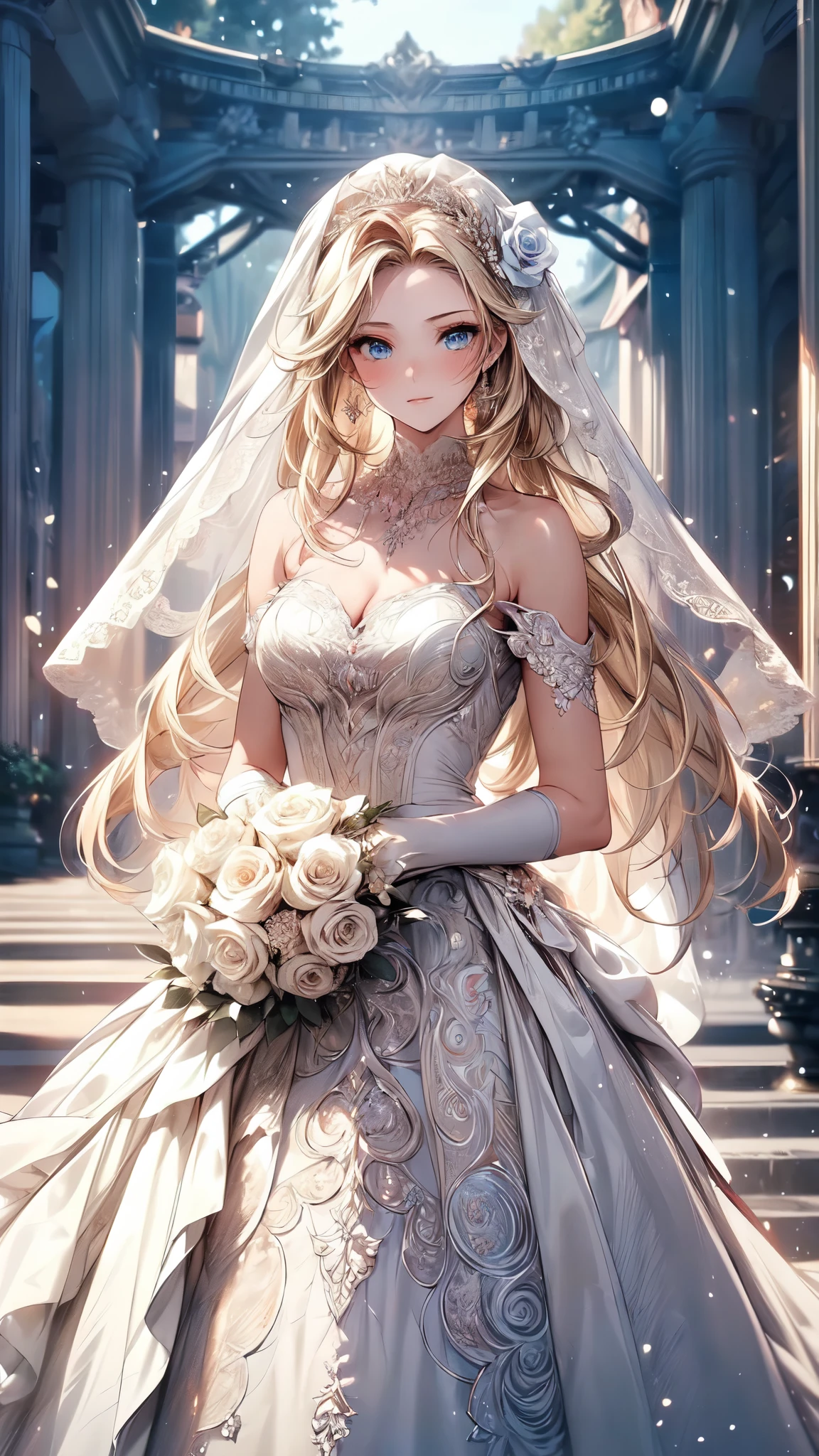 (masterpiece, best quality, beautiful and aesthetic:1.3), Looking at the audience, 1 Girl, Solitary, A faint smile, (cosmetic, Long hair, Light Beige Hair, blue eyes:1.2), Octane Rendering, Wedding Veil, Lace-trimmed dress, transparent, Wedding dress, outdoor, White Rose, garden, morning, permanent, Extremely detailed,