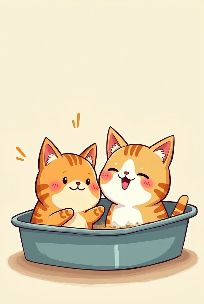 A cat sits in the litter box. She's happy. A second cat sits next to it, supports itself on its front paws and looks curiously. Cartoon Style!