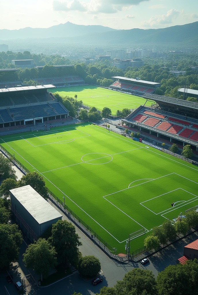 Three football fields are close to each other. It is near a sportswear shop. Please provide a horizontal image.