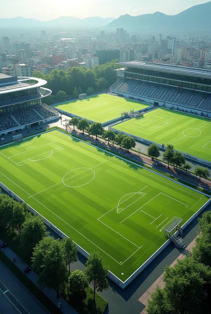Three football fields are close to each other. It is near a sportswear shop. Please provide a horizontal image.