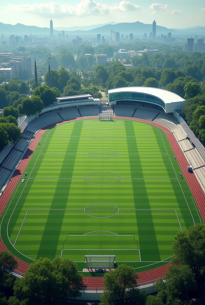 Three football fields are close to each other. It is near a sportswear shop. Please provide a horizontal image.