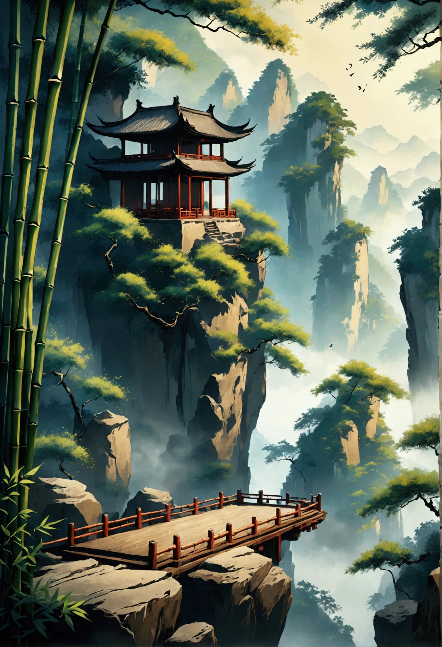 The scenery, Chinese style, Cliff, bamboo, dreamy atmosphere, floor, On the rock
