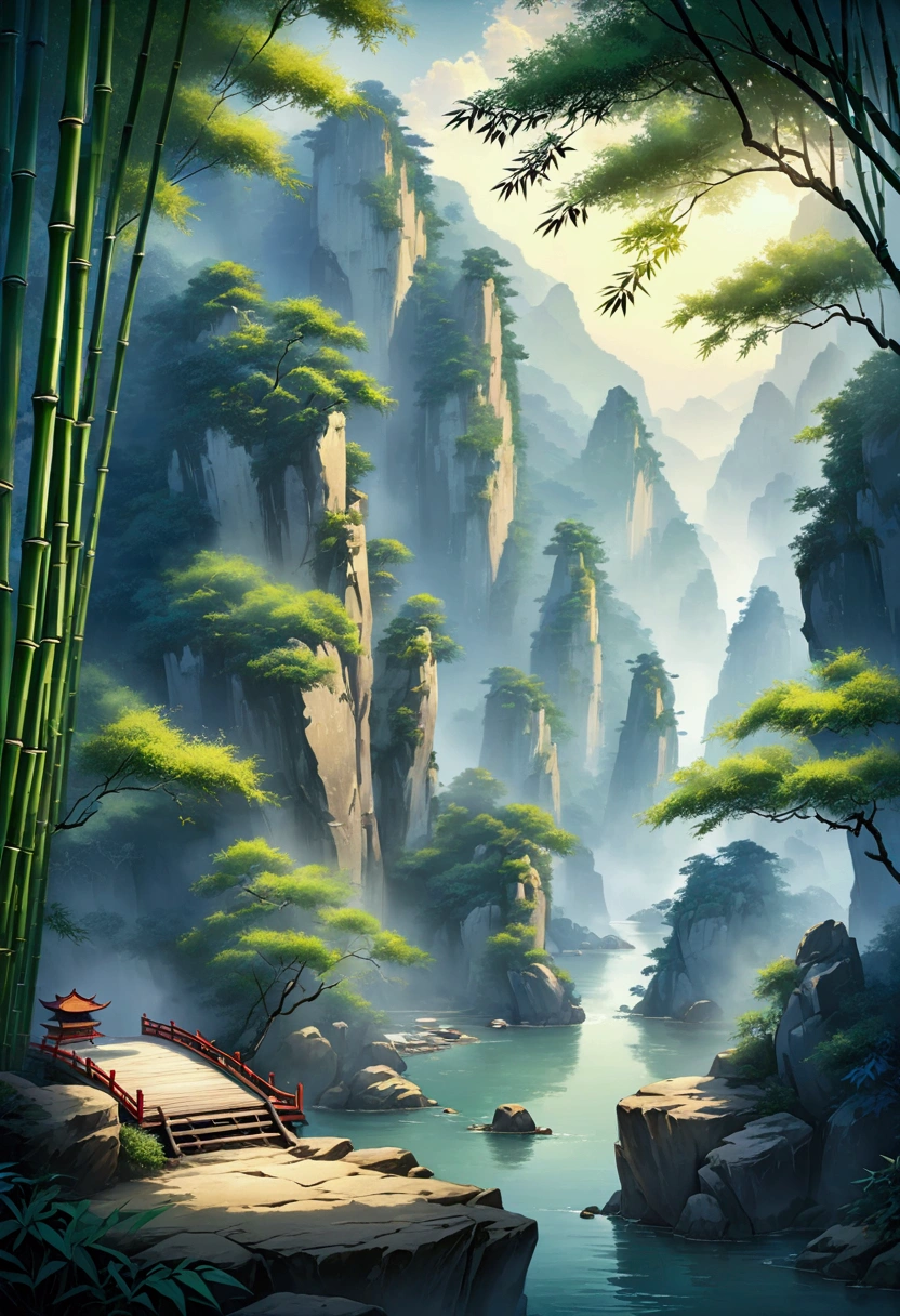 The scenery, Chinese style, Cliff, bamboo, dreamy atmosphere, floor, On the rock
