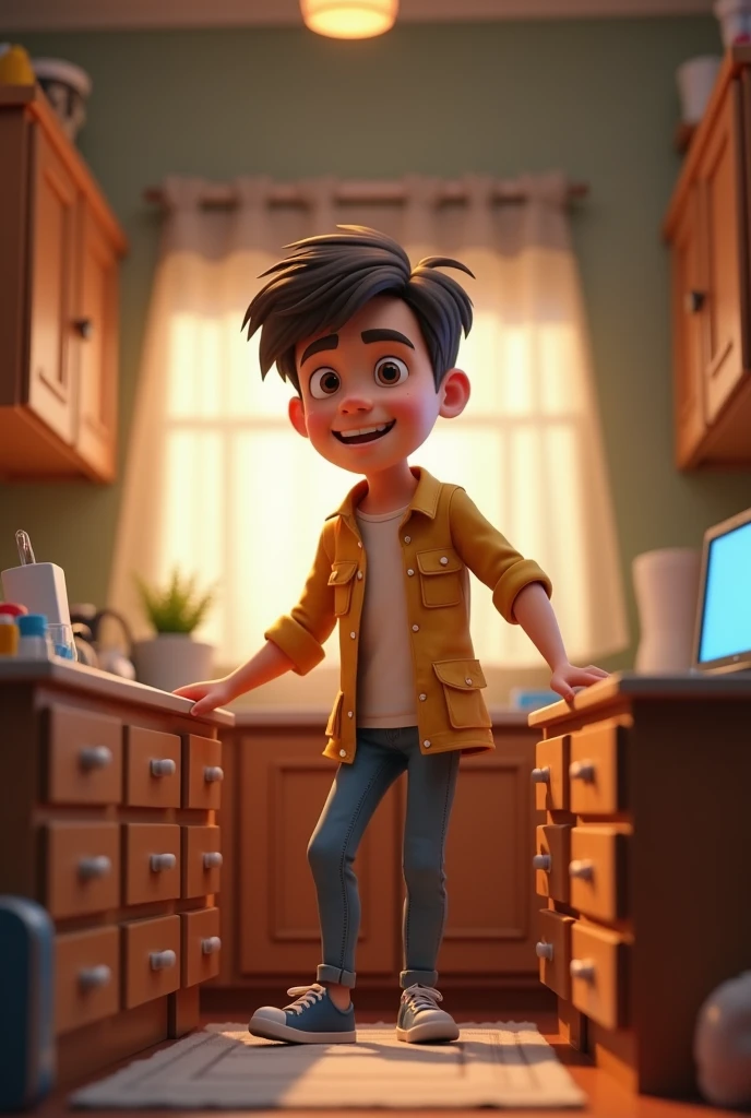 Young Man search charger in home ai 3d cartoon type realistic image
